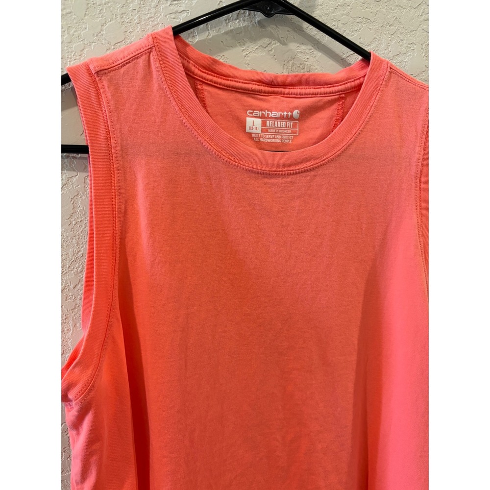 Carhartt Relaxed Fit Muscle Tank Top Neon Coral Orange Sleeveless Shirt Large - Picture 2 of 5